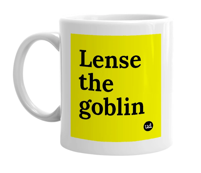 White mug with 'Lense the goblin' in bold black letters