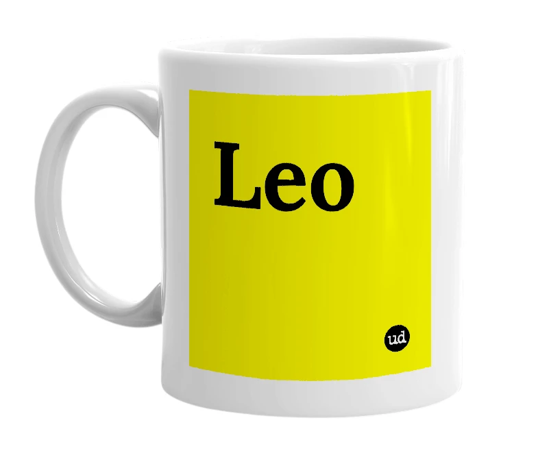 White mug with 'Leo' in bold black letters