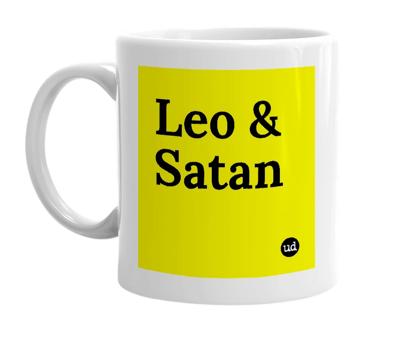White mug with 'Leo & Satan' in bold black letters