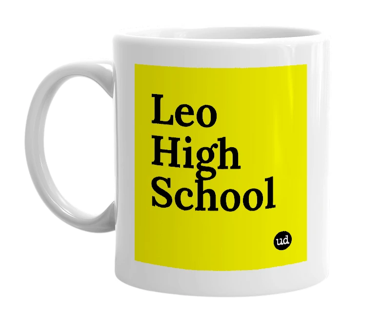 White mug with 'Leo High School' in bold black letters