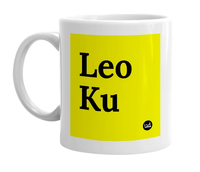 White mug with 'Leo Ku' in bold black letters