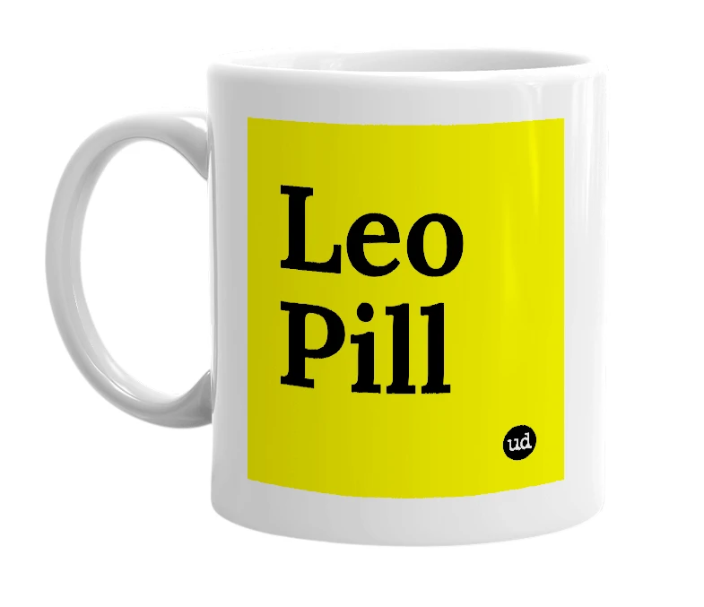 White mug with 'Leo Pill' in bold black letters