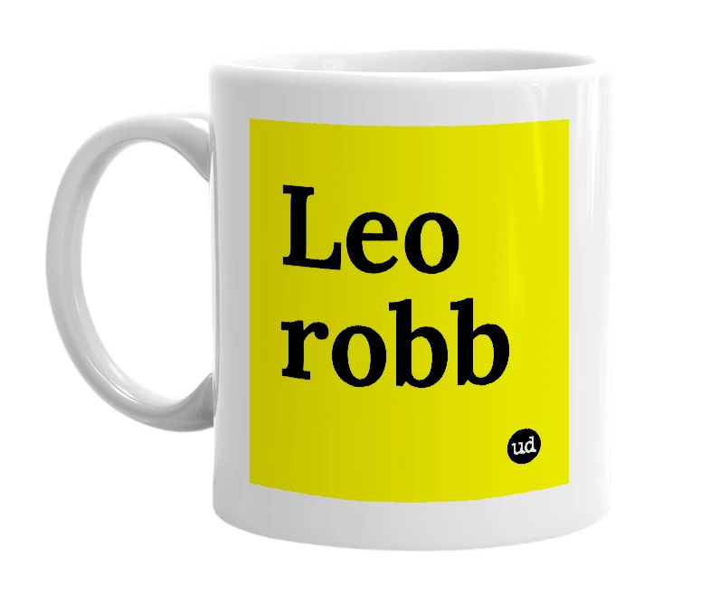 White mug with 'Leo robb' in bold black letters