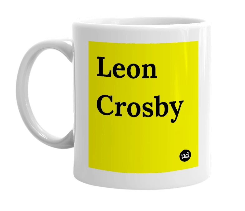 White mug with 'Leon Crosby' in bold black letters