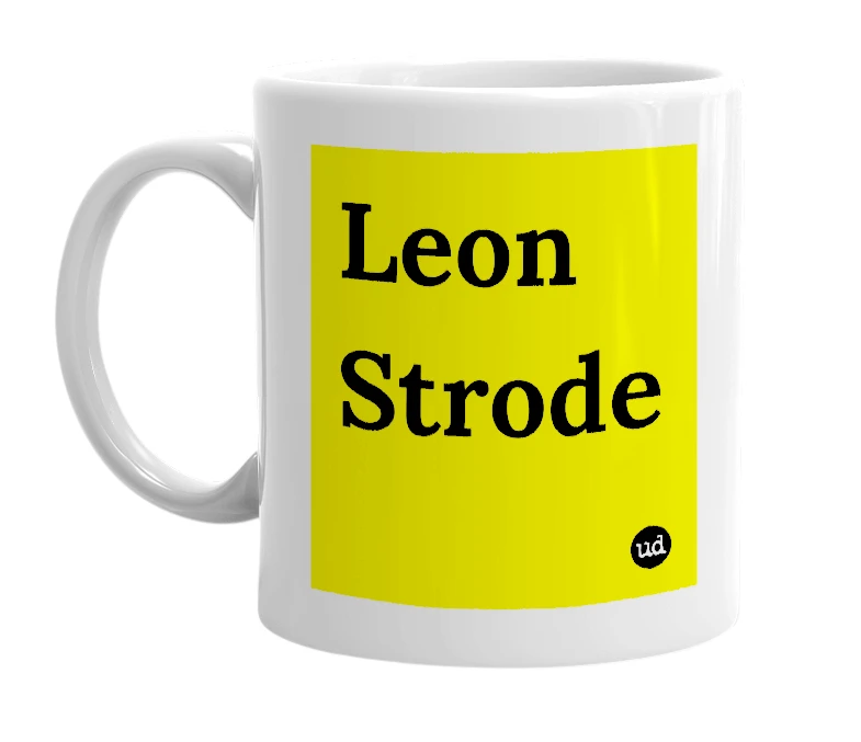 White mug with 'Leon Strode' in bold black letters