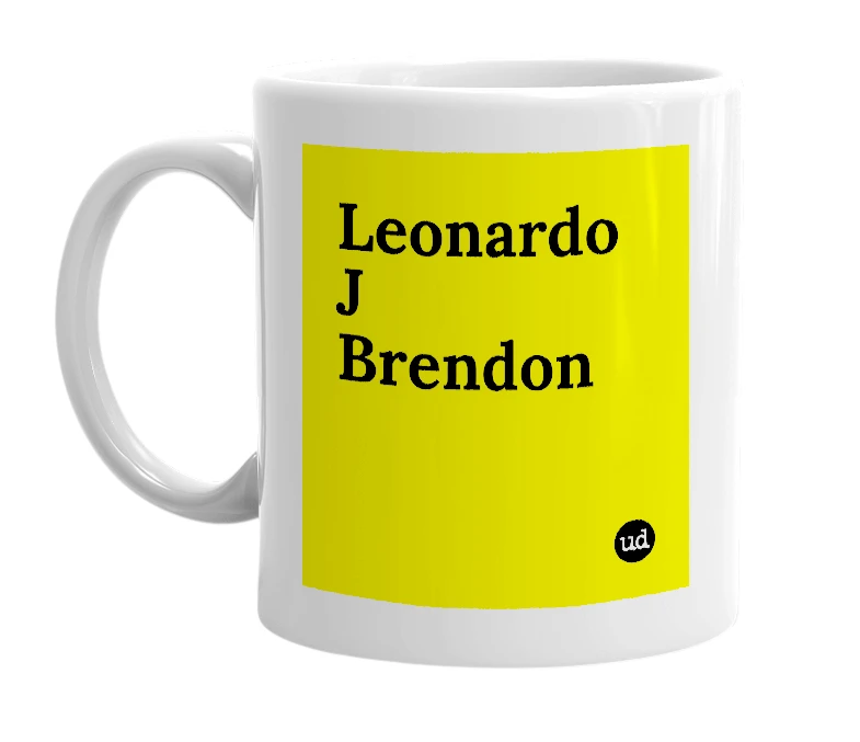 White mug with 'Leonardo J Brendon' in bold black letters