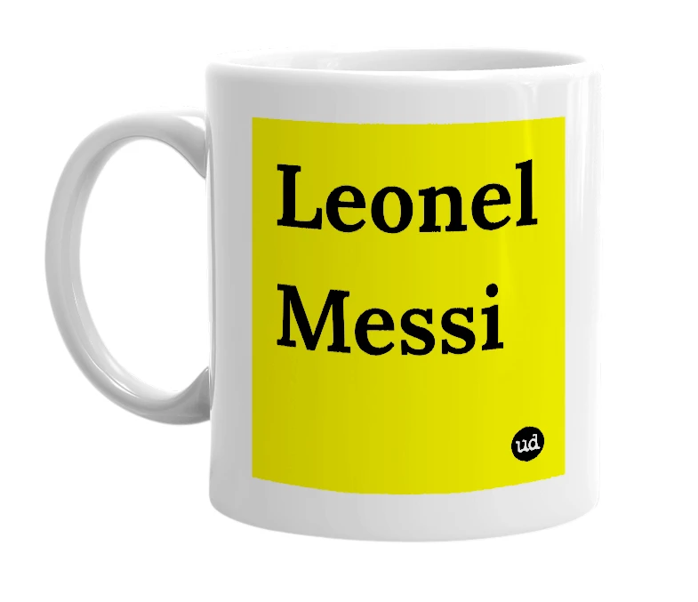 White mug with 'Leonel Messi' in bold black letters