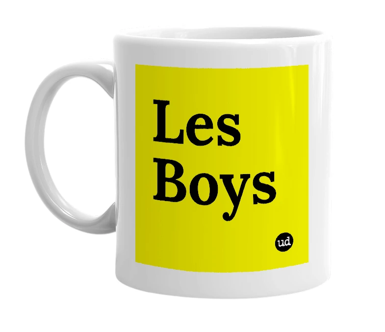 White mug with 'Les Boys' in bold black letters