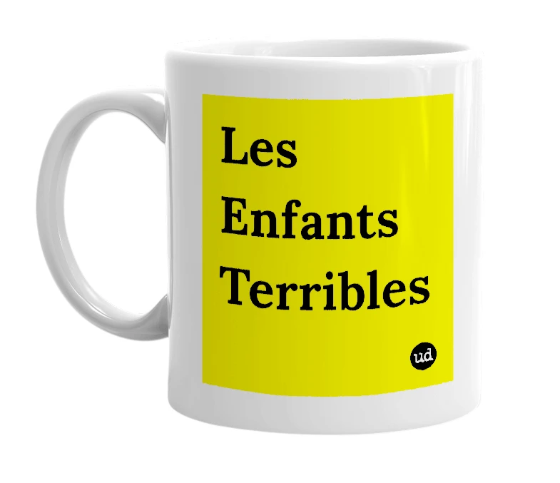 White mug with 'Les Enfants Terribles' in bold black letters