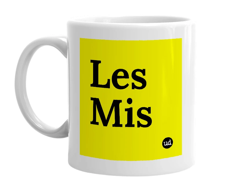 White mug with 'Les Mis' in bold black letters