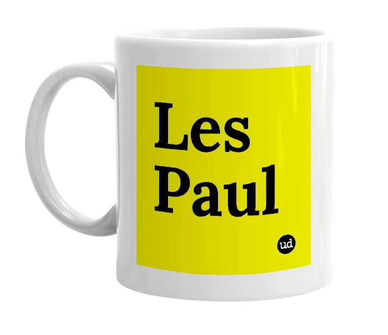 White mug with 'Les Paul' in bold black letters