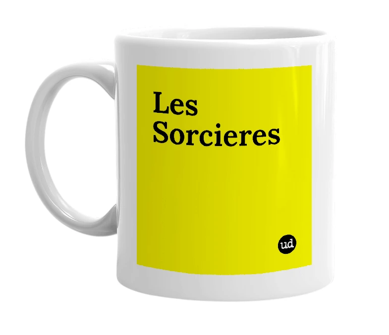 White mug with 'Les Sorcieres' in bold black letters