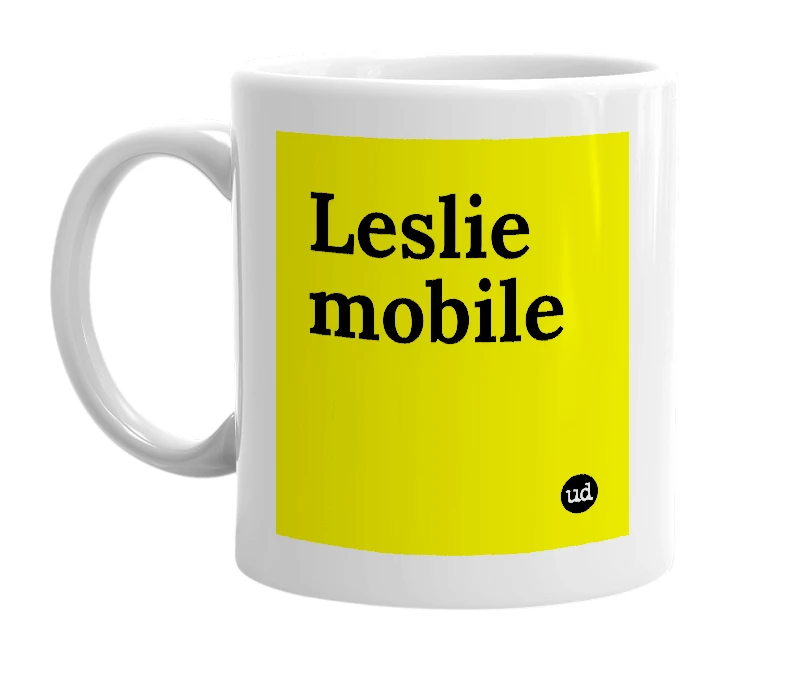 White mug with 'Leslie mobile' in bold black letters