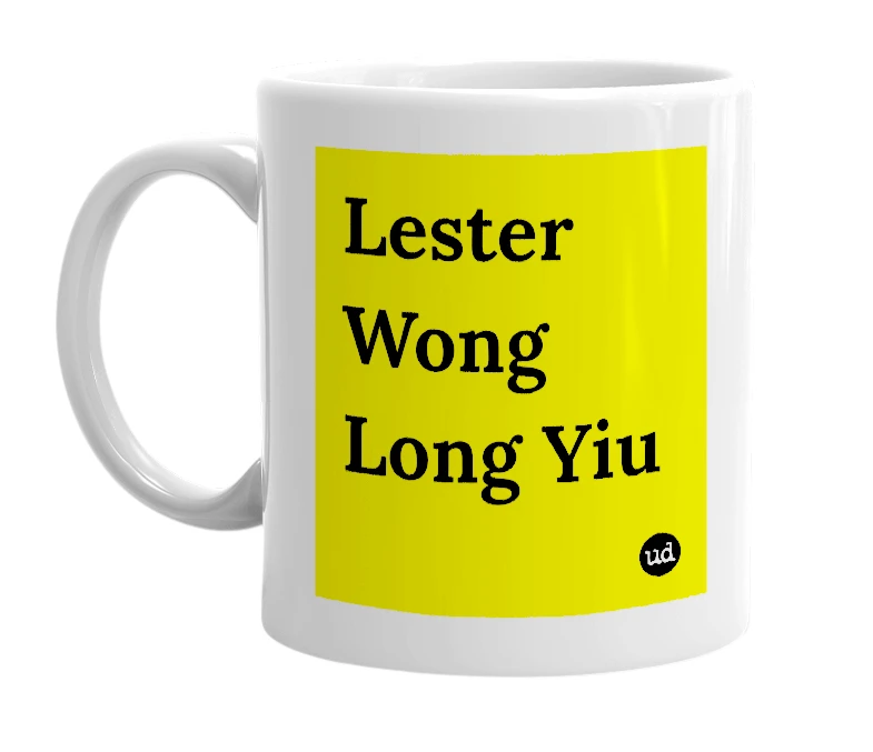 White mug with 'Lester Wong Long Yiu' in bold black letters