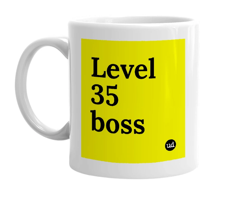 White mug with 'Level 35 boss' in bold black letters