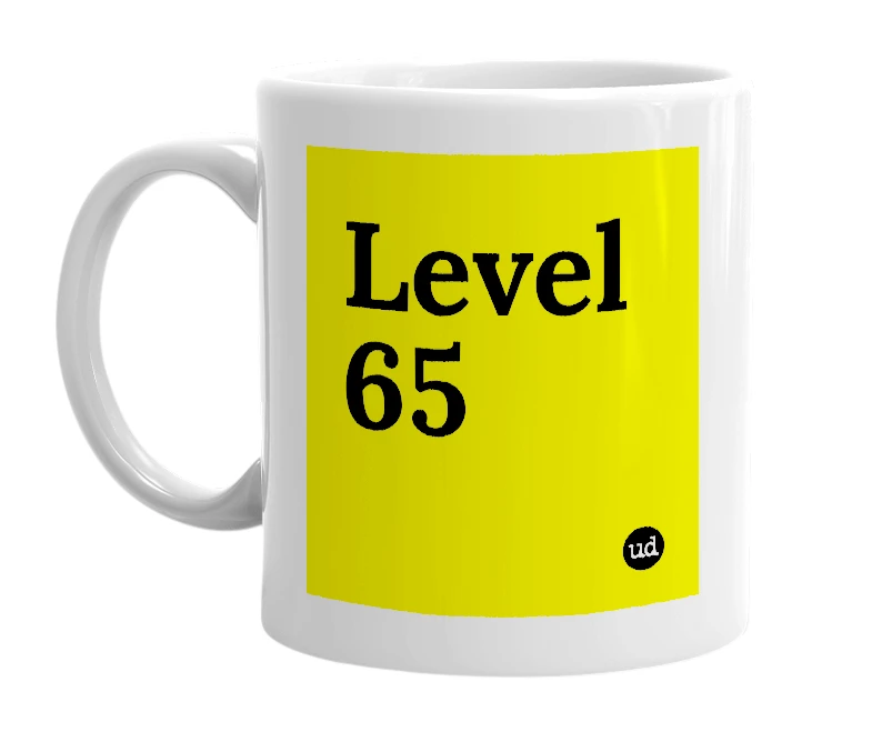 White mug with 'Level 65' in bold black letters