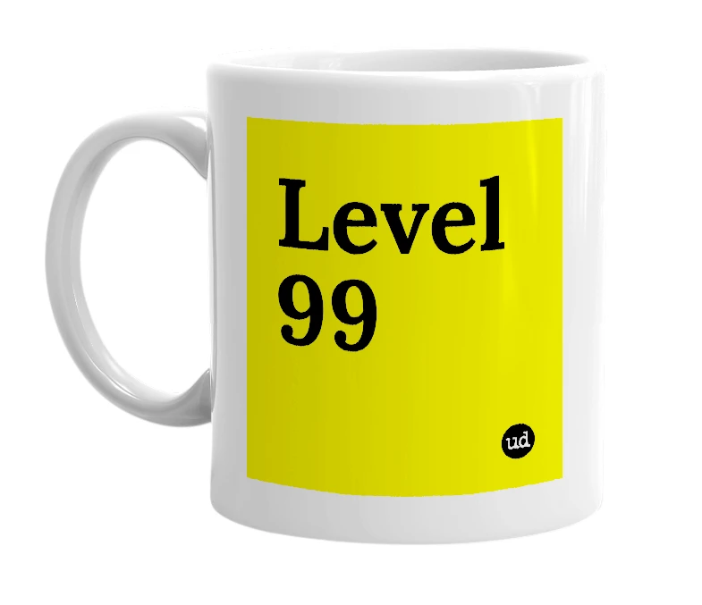 White mug with 'Level 99' in bold black letters