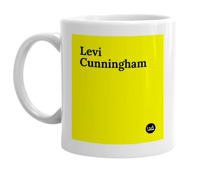 White mug with 'Levi Cunningham' in bold black letters