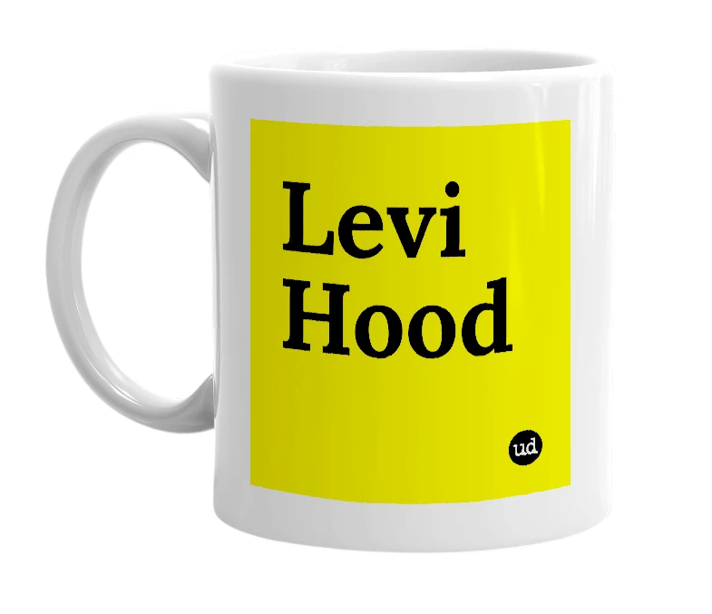 White mug with 'Levi Hood' in bold black letters