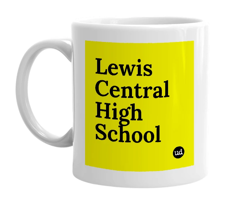 White mug with 'Lewis Central High School' in bold black letters