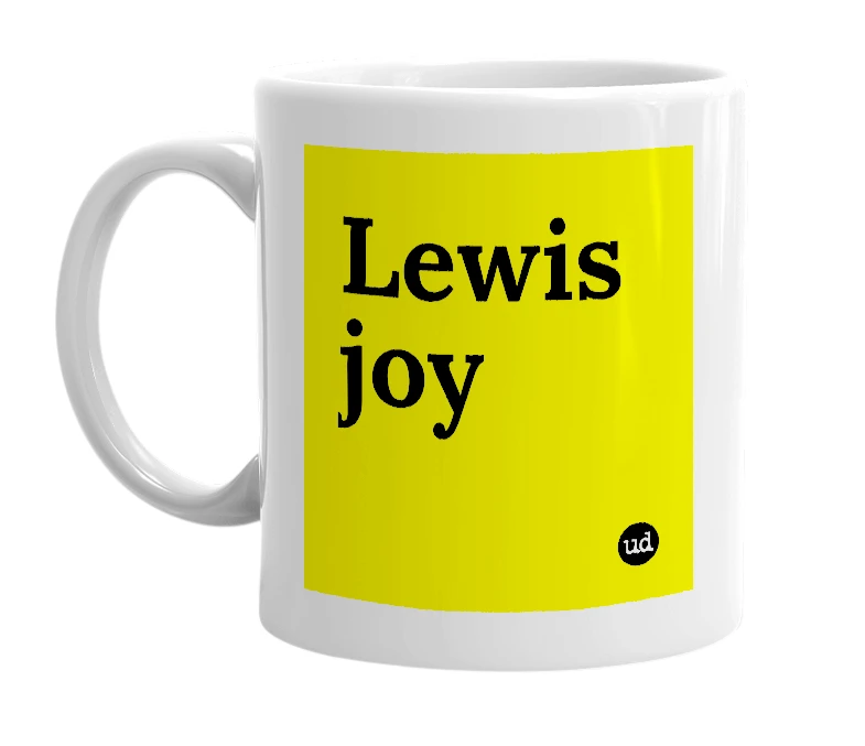 White mug with 'Lewis joy' in bold black letters
