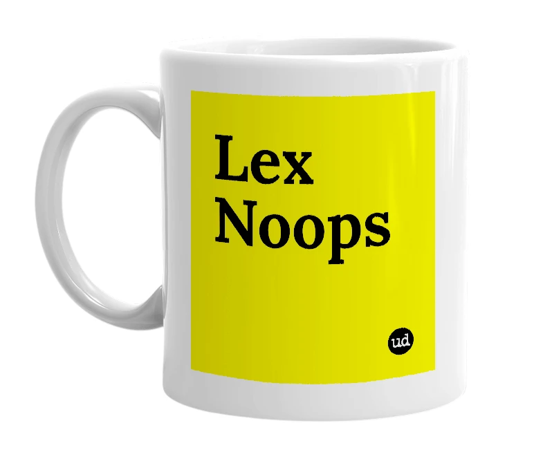 White mug with 'Lex Noops' in bold black letters