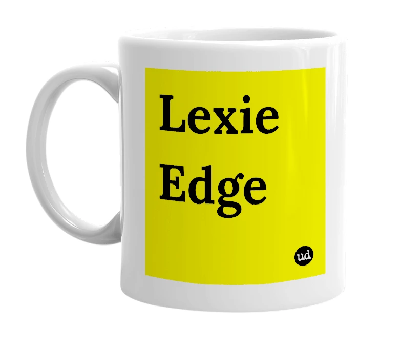 White mug with 'Lexie Edge' in bold black letters