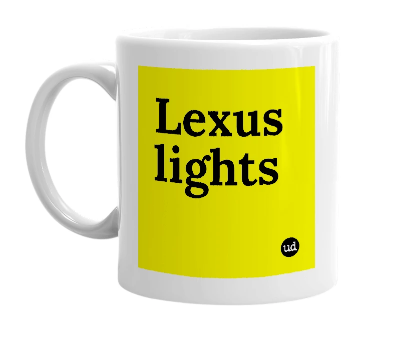 White mug with 'Lexus lights' in bold black letters