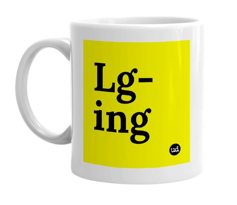 White mug with 'Lg-ing' in bold black letters
