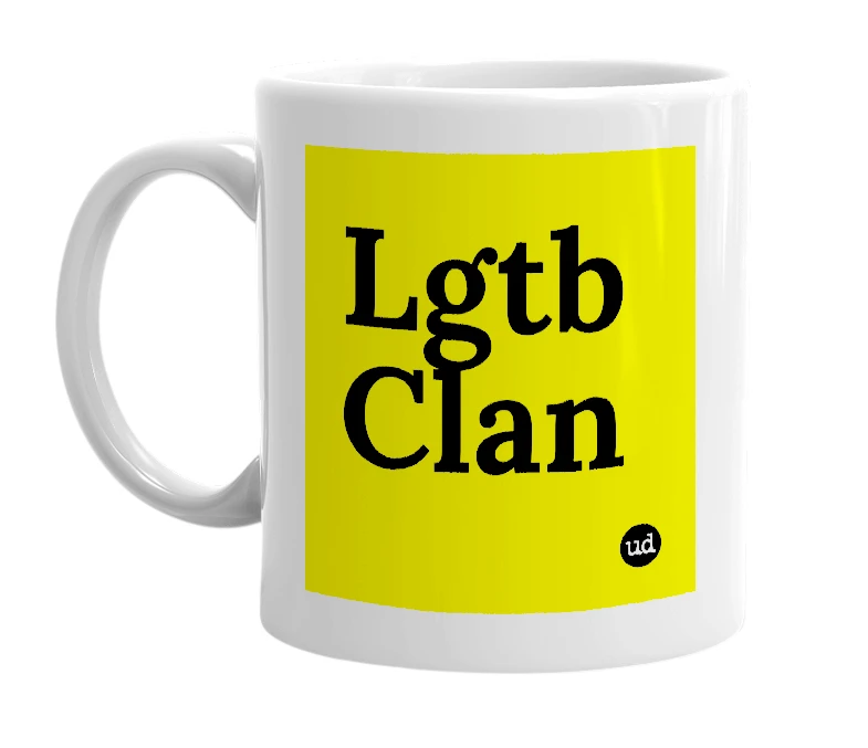 White mug with 'Lgtb Clan' in bold black letters