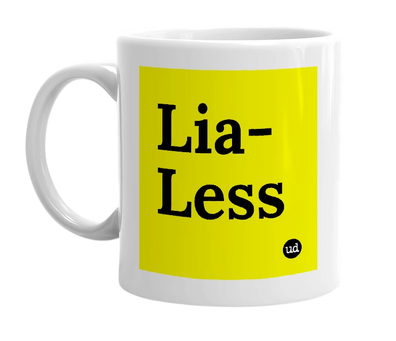 White mug with 'Lia-Less' in bold black letters