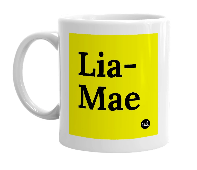 White mug with 'Lia-Mae' in bold black letters