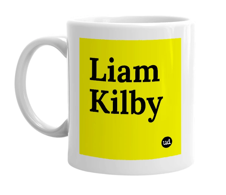 White mug with 'Liam Kilby' in bold black letters