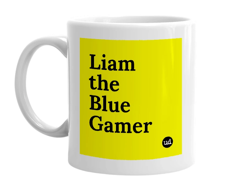 White mug with 'Liam the Blue Gamer' in bold black letters