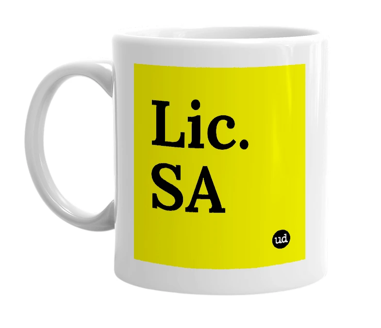 White mug with 'Lic. SA' in bold black letters