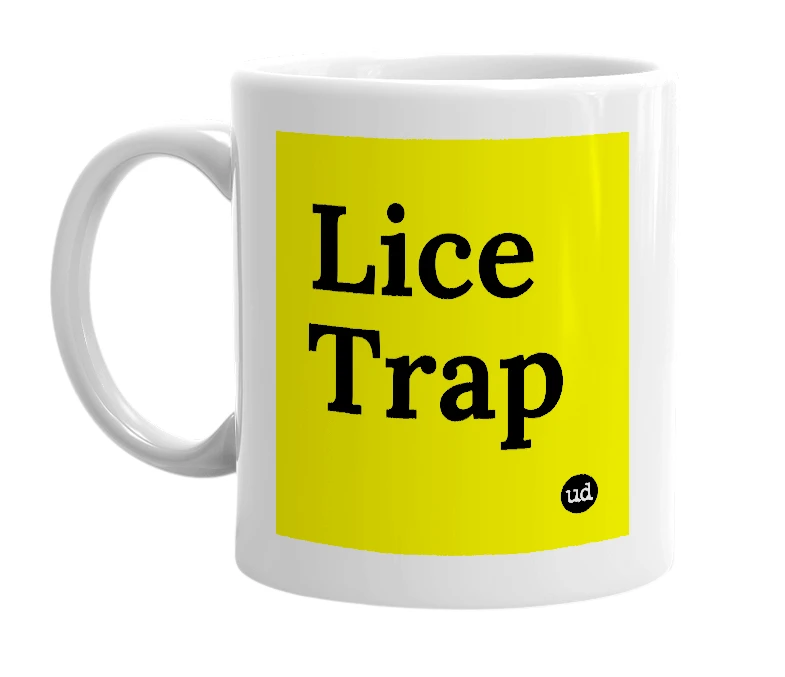White mug with 'Lice Trap' in bold black letters