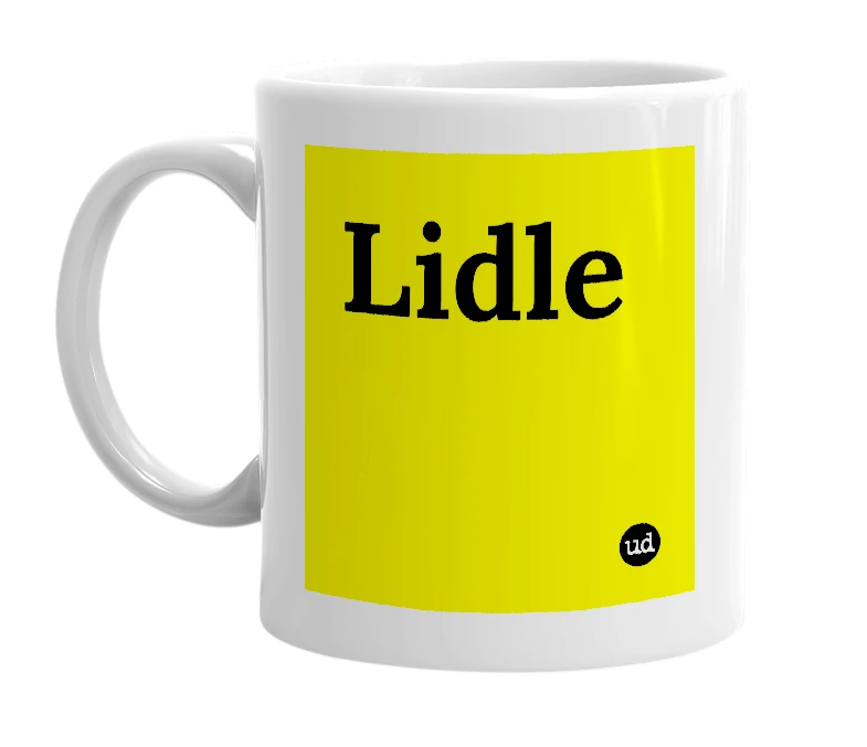 White mug with 'Lidle' in bold black letters