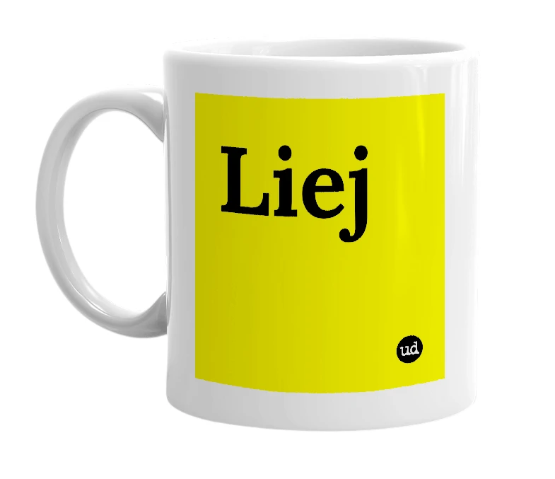 White mug with 'Liej' in bold black letters