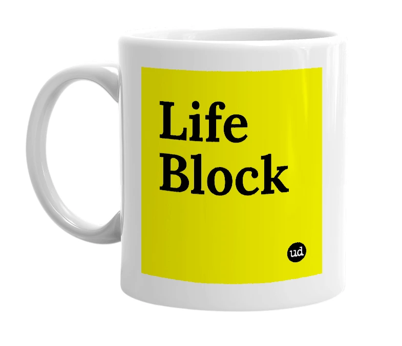 White mug with 'Life Block' in bold black letters