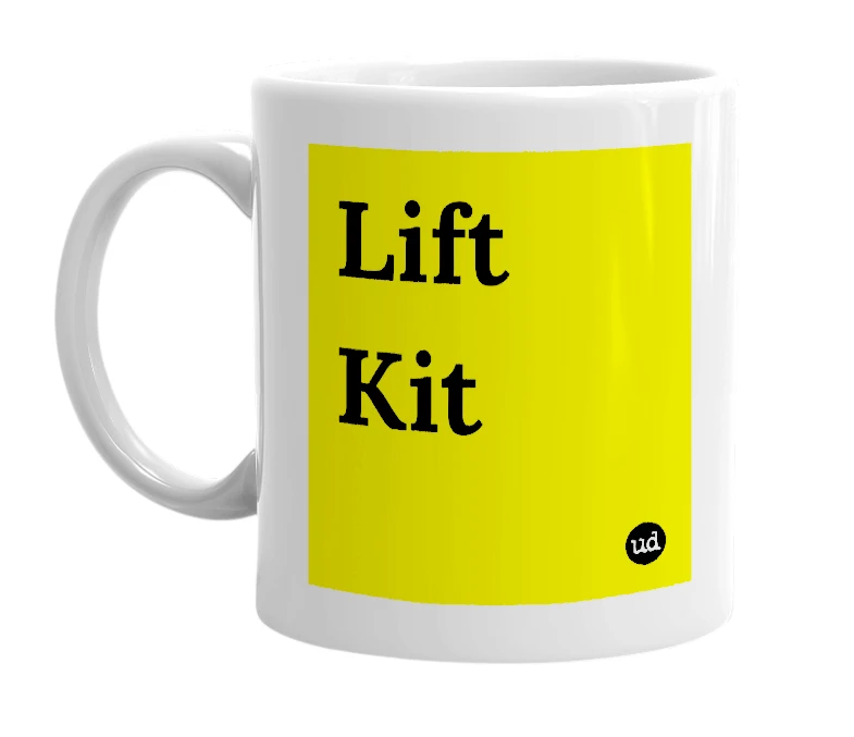 White mug with 'Lift Kit' in bold black letters