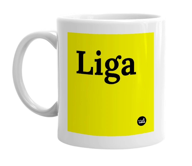 White mug with 'Liga' in bold black letters
