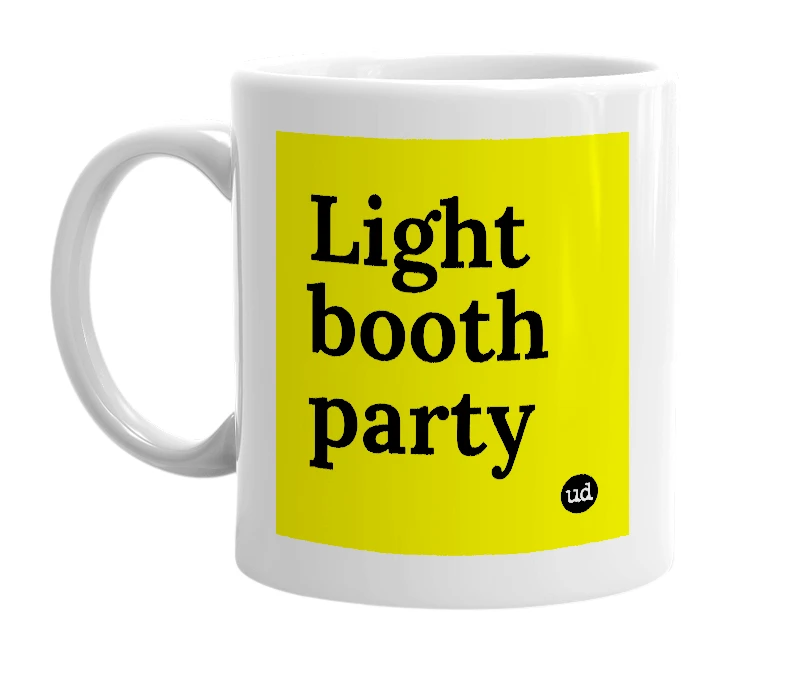 White mug with 'Light booth party' in bold black letters