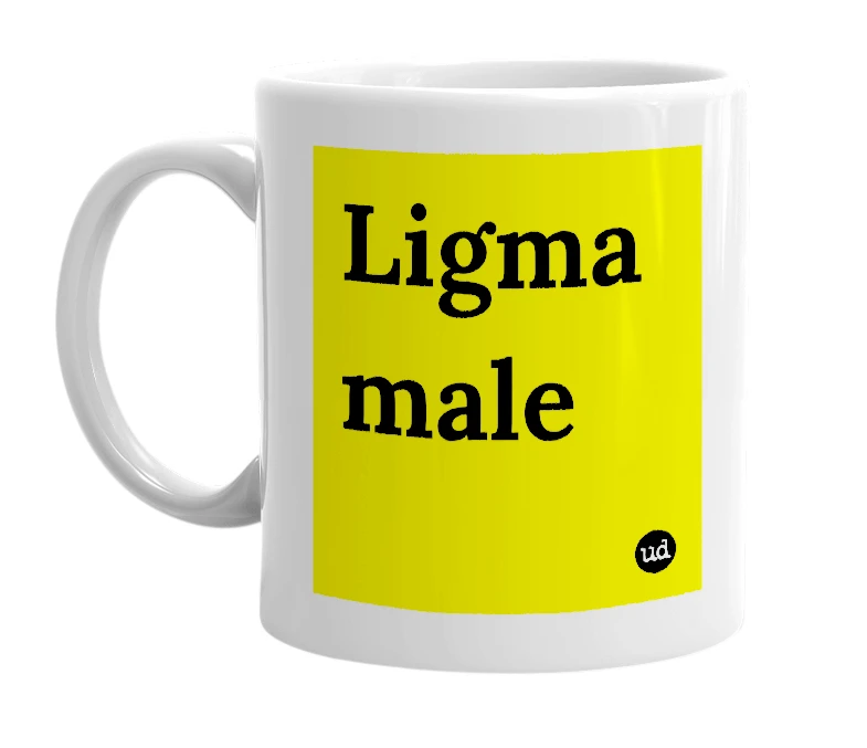 White mug with 'Ligma male' in bold black letters