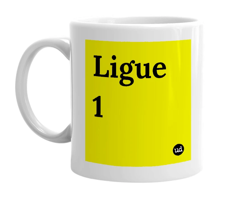 White mug with 'Ligue 1' in bold black letters