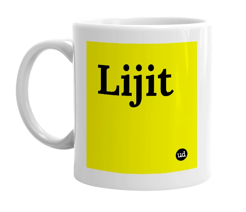 White mug with 'Lijit' in bold black letters