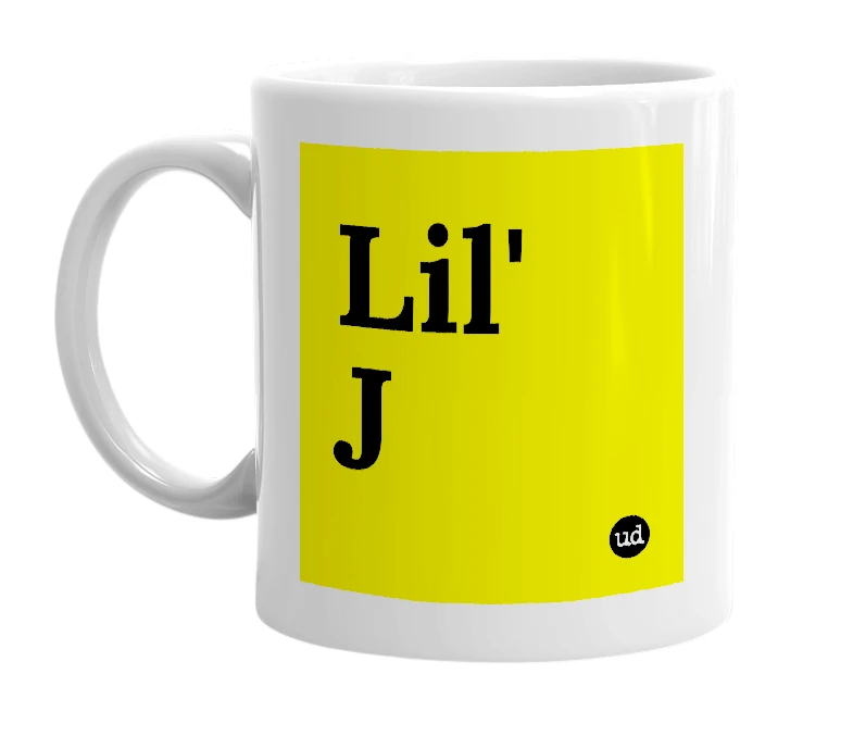White mug with 'Lil' J' in bold black letters