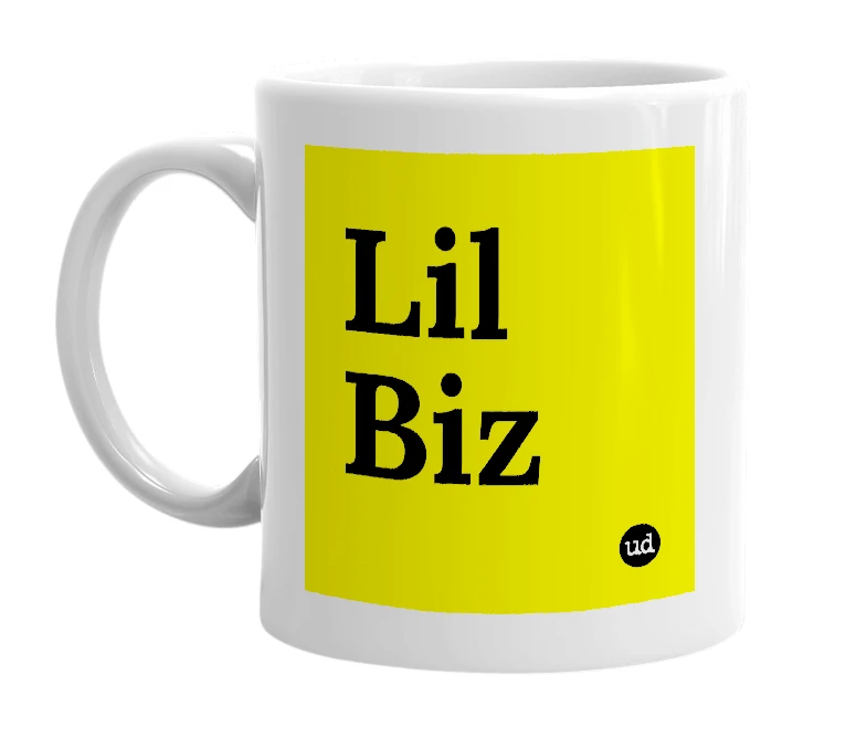 White mug with 'Lil Biz' in bold black letters
