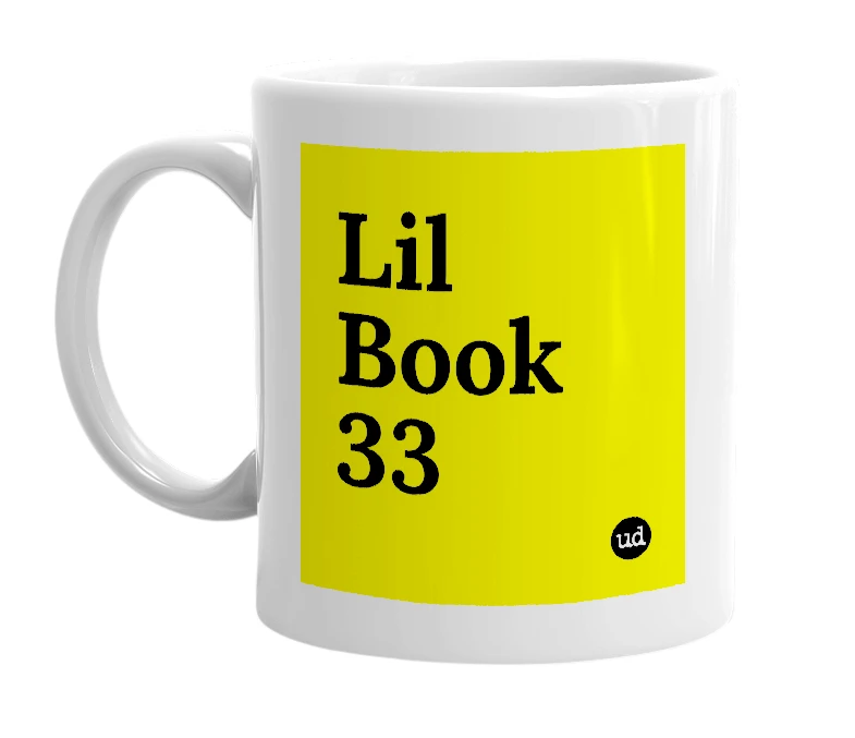 White mug with 'Lil Book 33' in bold black letters