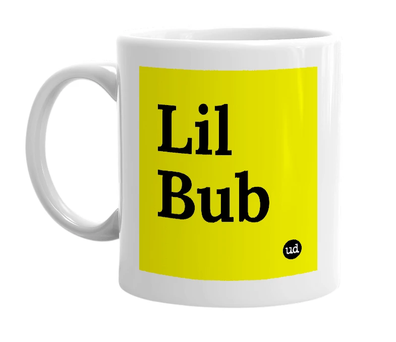 White mug with 'Lil Bub' in bold black letters