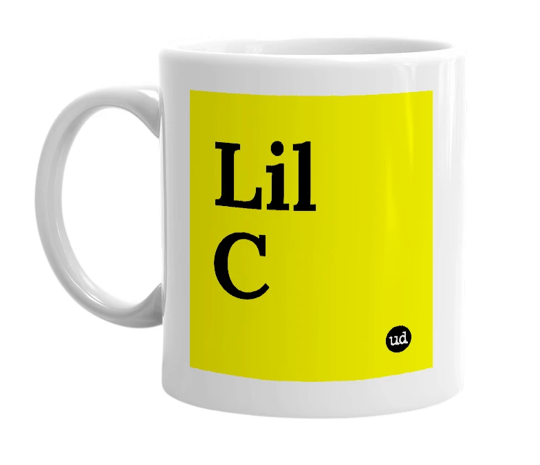 White mug with 'Lil C' in bold black letters